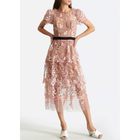 Self-Portrait Lace And Sequin Floral Midi Dress Size US 4 Pink $550 - Picture 12 of 16